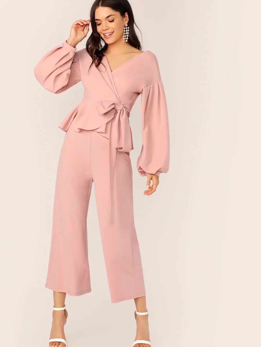 Fifth Avenue Peplum Tie Front Baloon Sleeve Top and Pants 2 Piece Set TPS235 - Pink