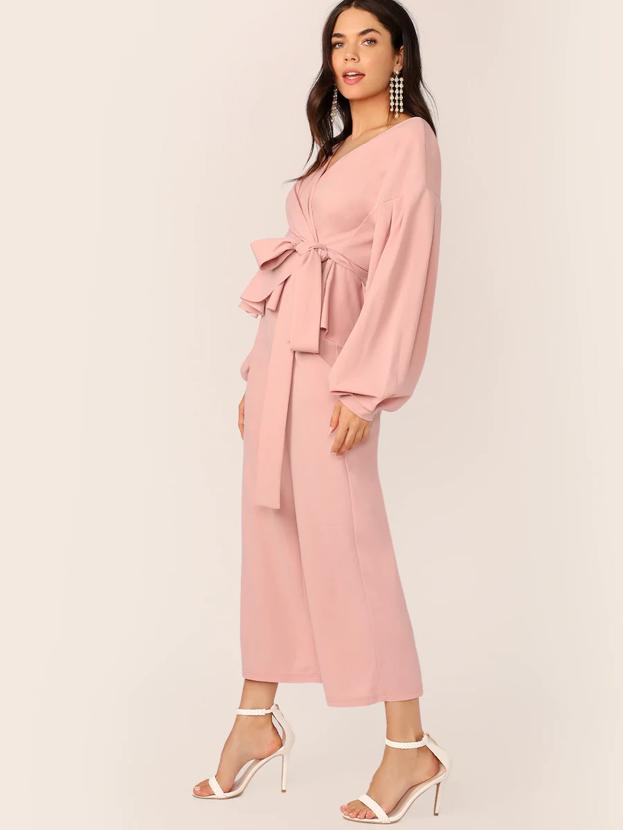 Fifth Avenue Peplum Tie Front Baloon Sleeve Top and Pants 2 Piece Set TPS235 - Pink