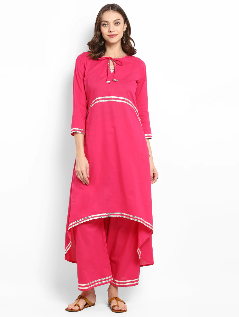 Lemon Tart Clothing Women's LTS11 Lace Detail Kurti and Pants Sets - Bright Pink