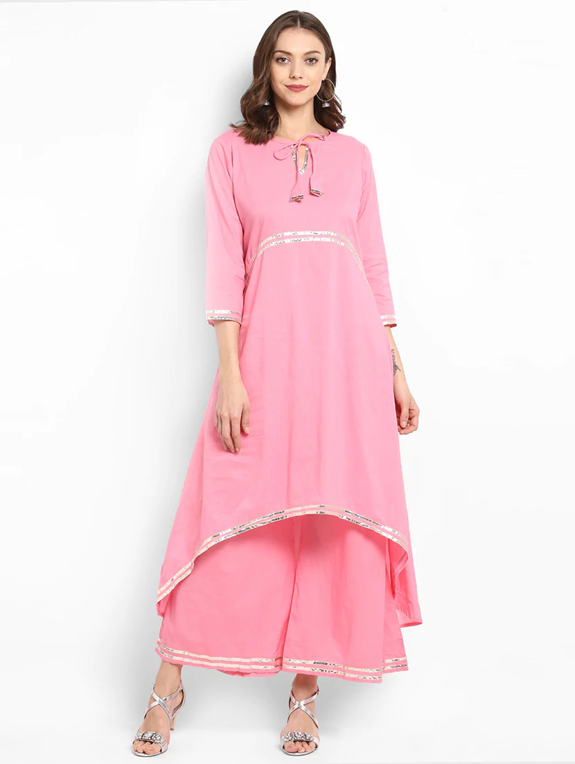 Lemon Tart Clothing Women's LTS11 Lace Detail Kurti and Pants Sets - Light Pink