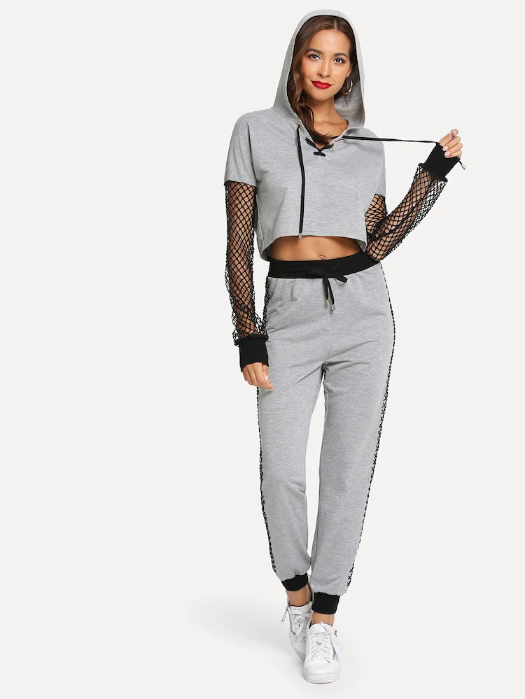 Fifth Avenue Women's TPS349 Contrast Net Hoodie and Jogger Pants 2 Piece Co-Ord Sets - Grey