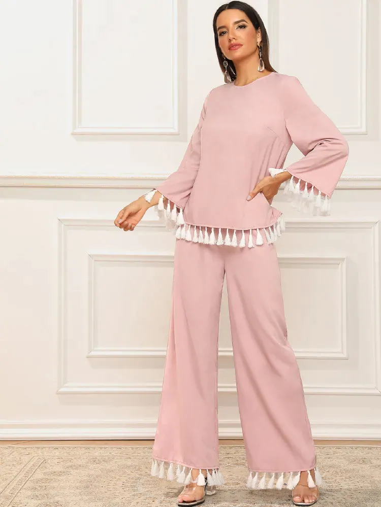Fifth Avenue Tassel Detail Top and Pants 2 Piece Set TPS361 - Pink