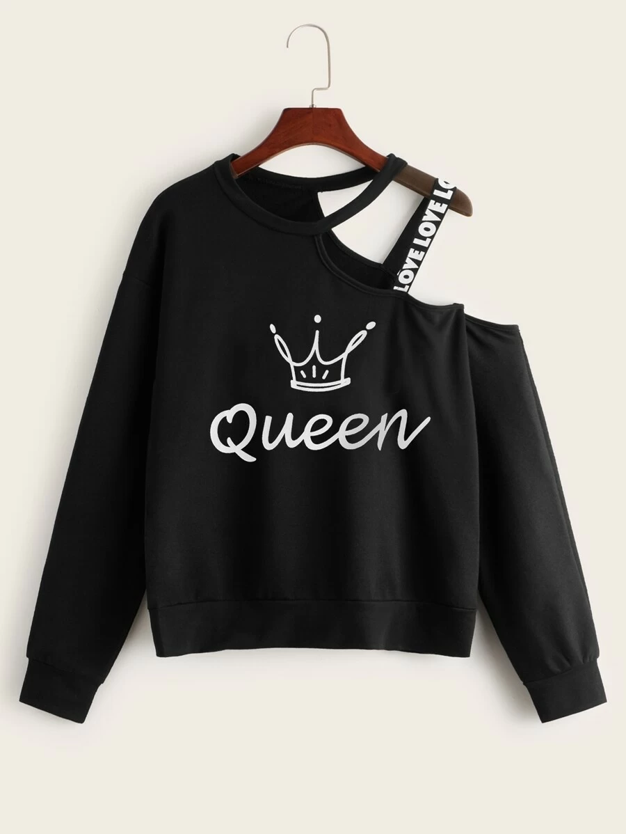 Fifth Avenue Fleece Lace Sleeve Queen Print Sweatshirt LNA2007 - Black