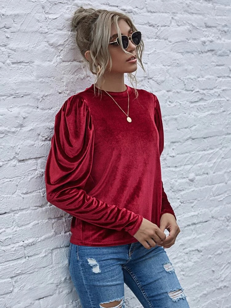 Fifth Avenue Womens Puff Sleeve Velvet Stitched Western Top - FAWWT10