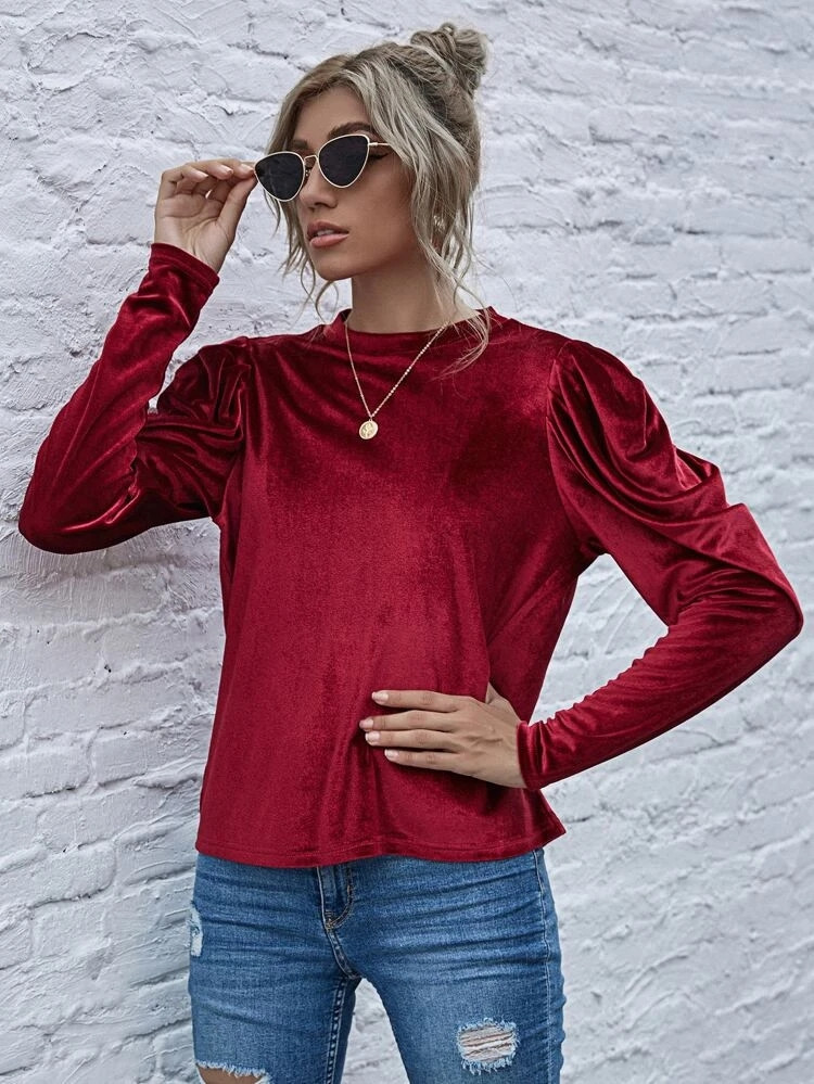 Fifth Avenue Womens Puff Sleeve Velvet Stitched Western Top - FAWWT10
