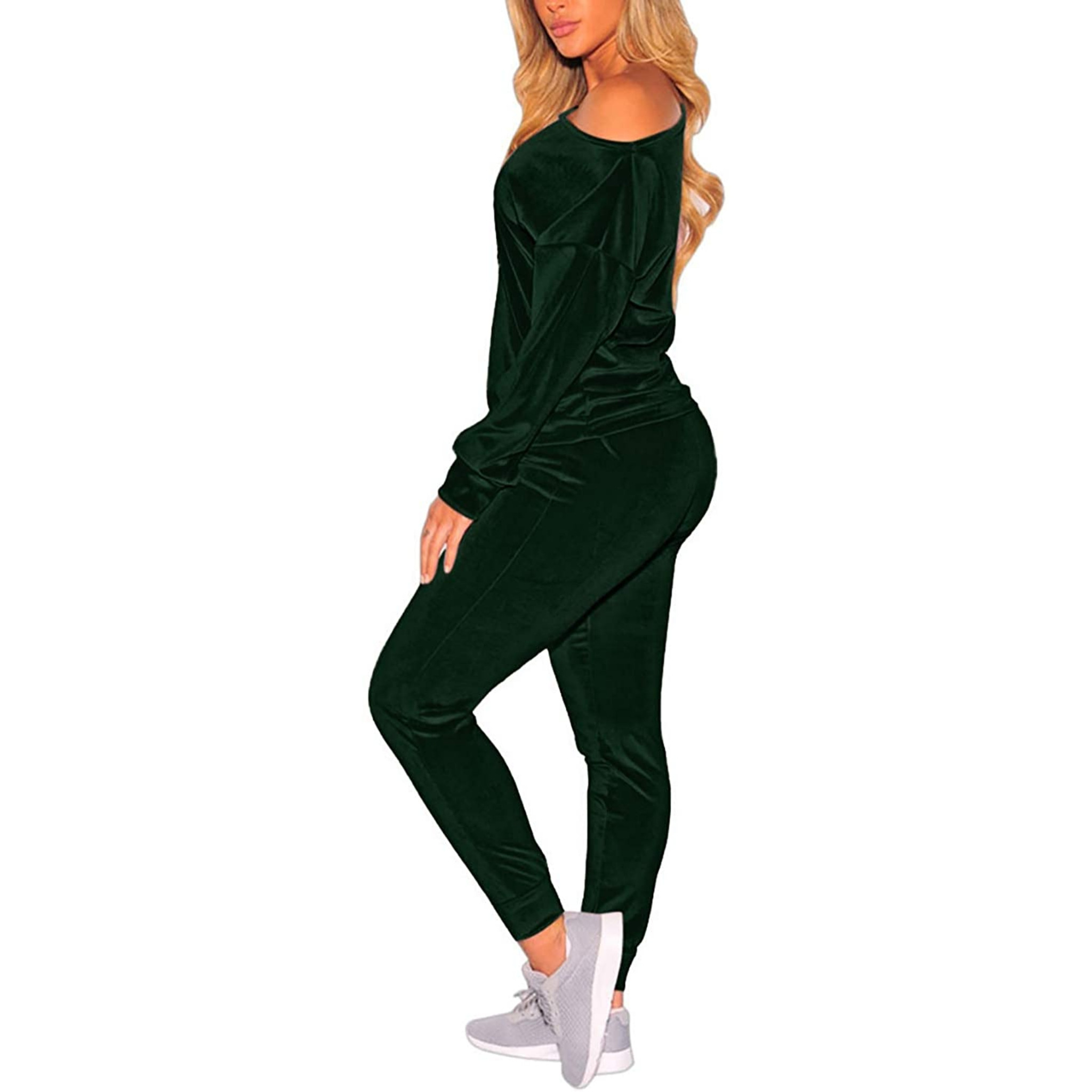 Fifth Avenue Womens Velvet One Shoulder Top and Jogger Pants Co-Ord Set FAVELC8 - Green