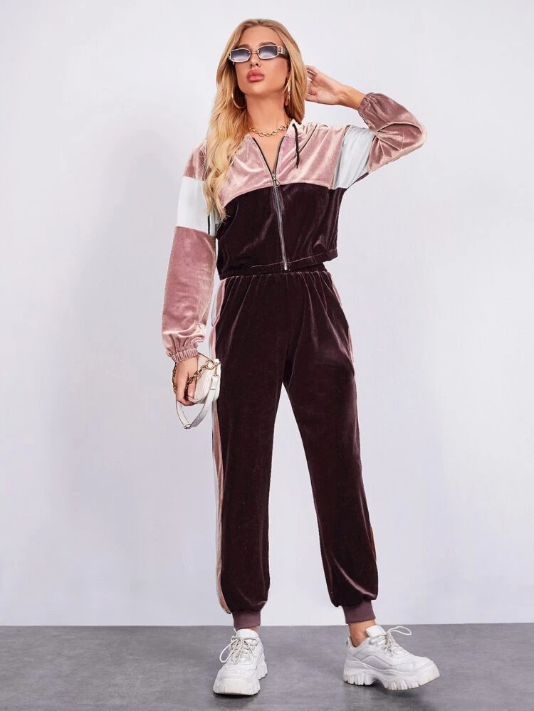 Fifth Avenue Womens Color Block Velvet Jacket and Jogger Pants Co- Ord Set FAVELC9 - PP