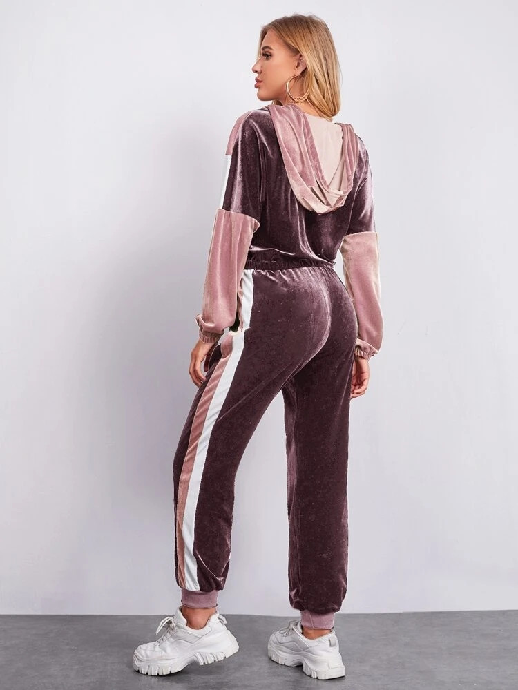Fifth Avenue Womens Color Block Velvet Jacket and Jogger Pants Co- Ord Set FAVELC9 - PP