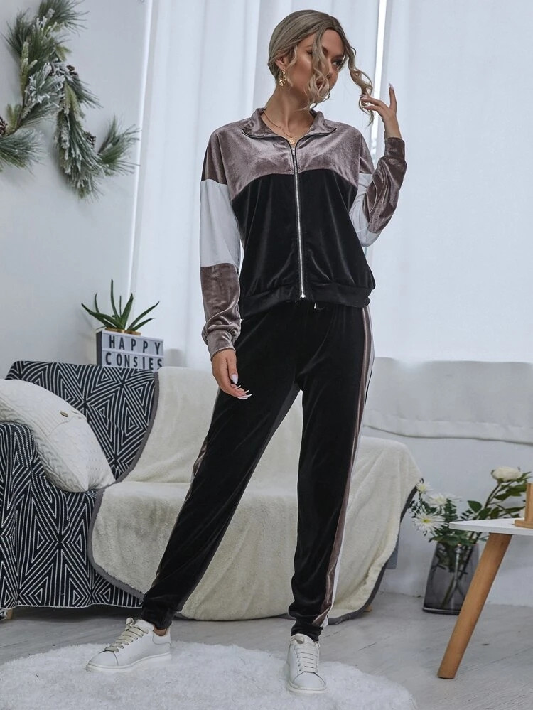 Fifth Avenue Womens Color Block Velvet Jacket and Jogger Pants Co-Ord Set FAVELC10