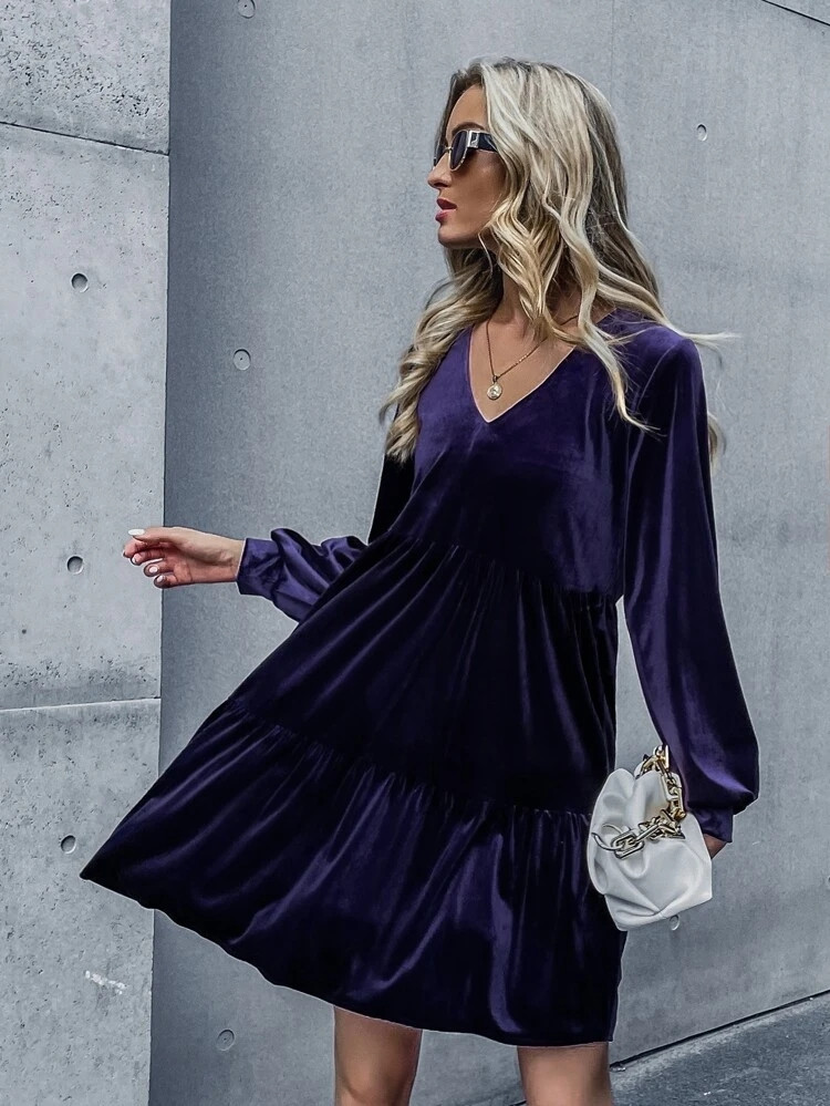 Fifth Avenue Womens Tiered V Neck Detail Velvet Stitched Western Dress - FAWWDR1