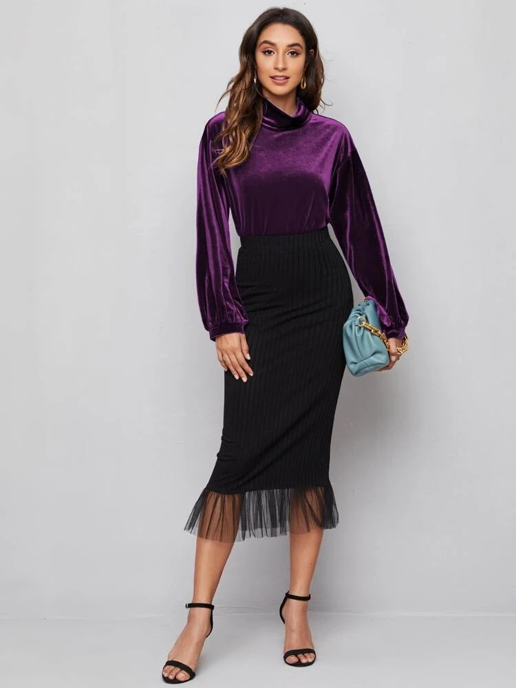 Fifth Avenue Womens High Neck Detail Velvet Stitched Western Top - FAWWT17