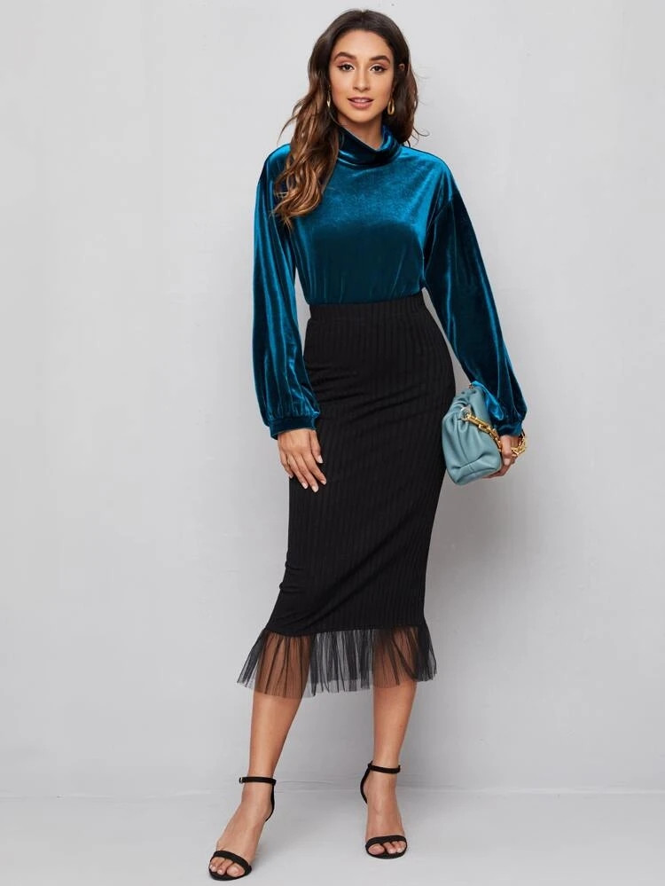 Fifth Avenue Womens High Neck Detail Velvet Stitched Western Top - FAWWT18