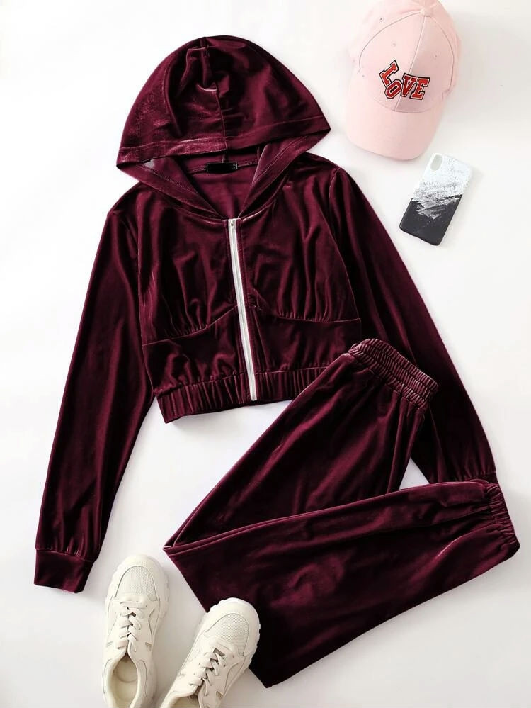Fifth Avenue Womens Zip Up Velvet Hoodie and Pants Co-Ord Set FAVELC13 - Maroon