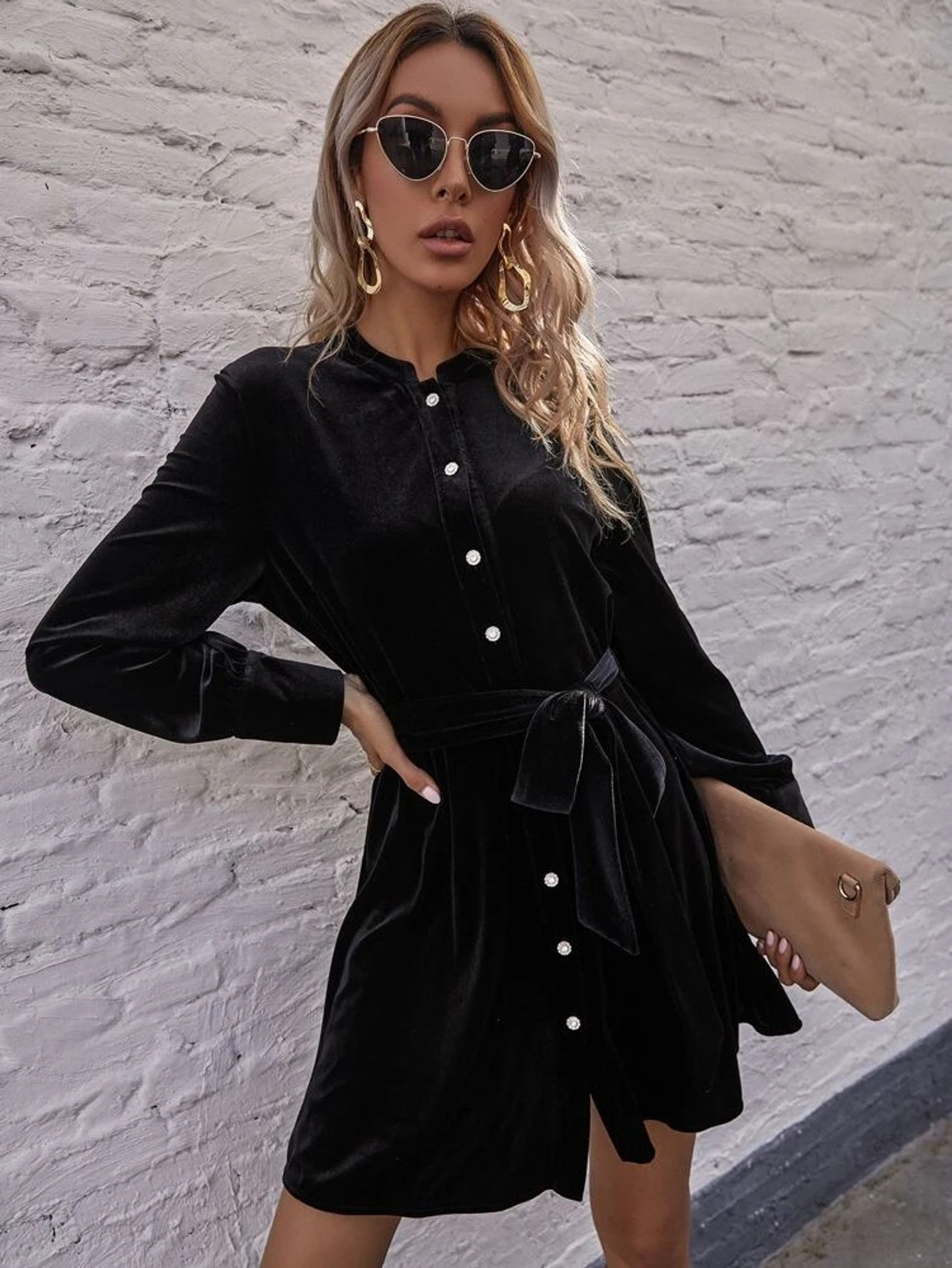 Fifth Avenue Womens Button Up Detail Velvet Stitched Western Dress FAWWDR4