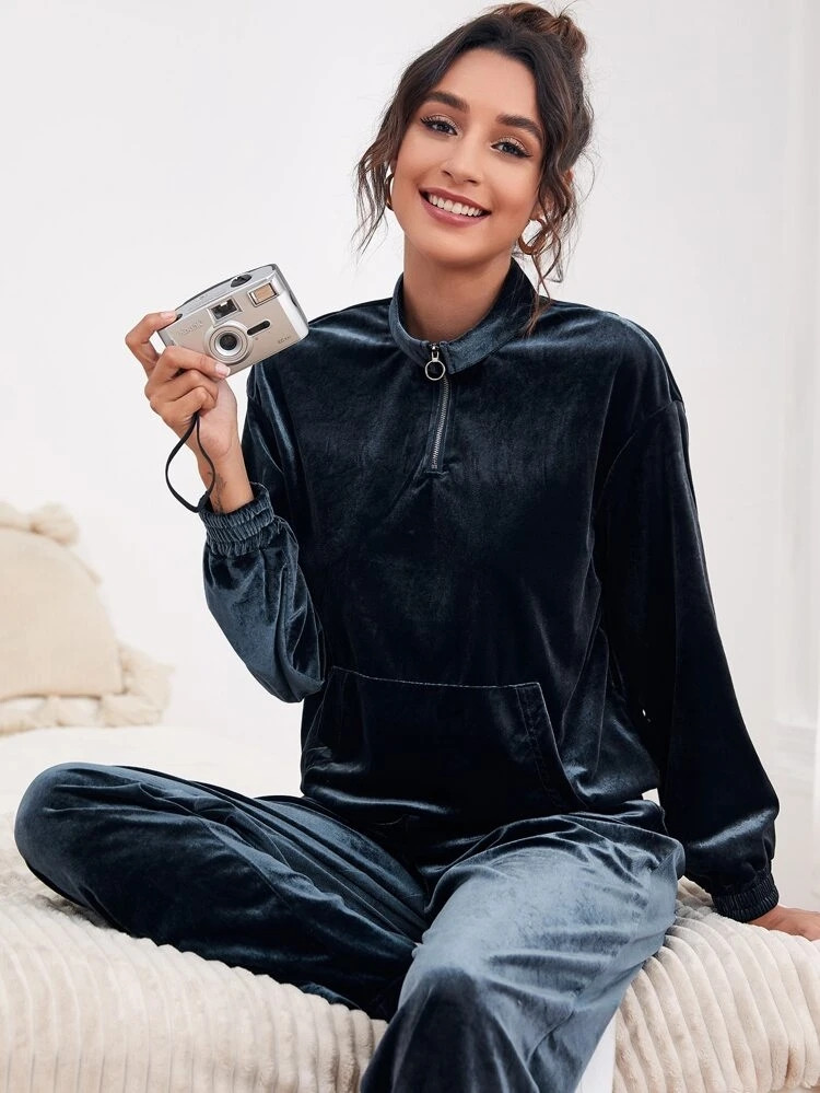 Fifth Avenue Womens Velvet Half Zip Neck Sweatshirt and Pants Co-Ord Set FAVELC16