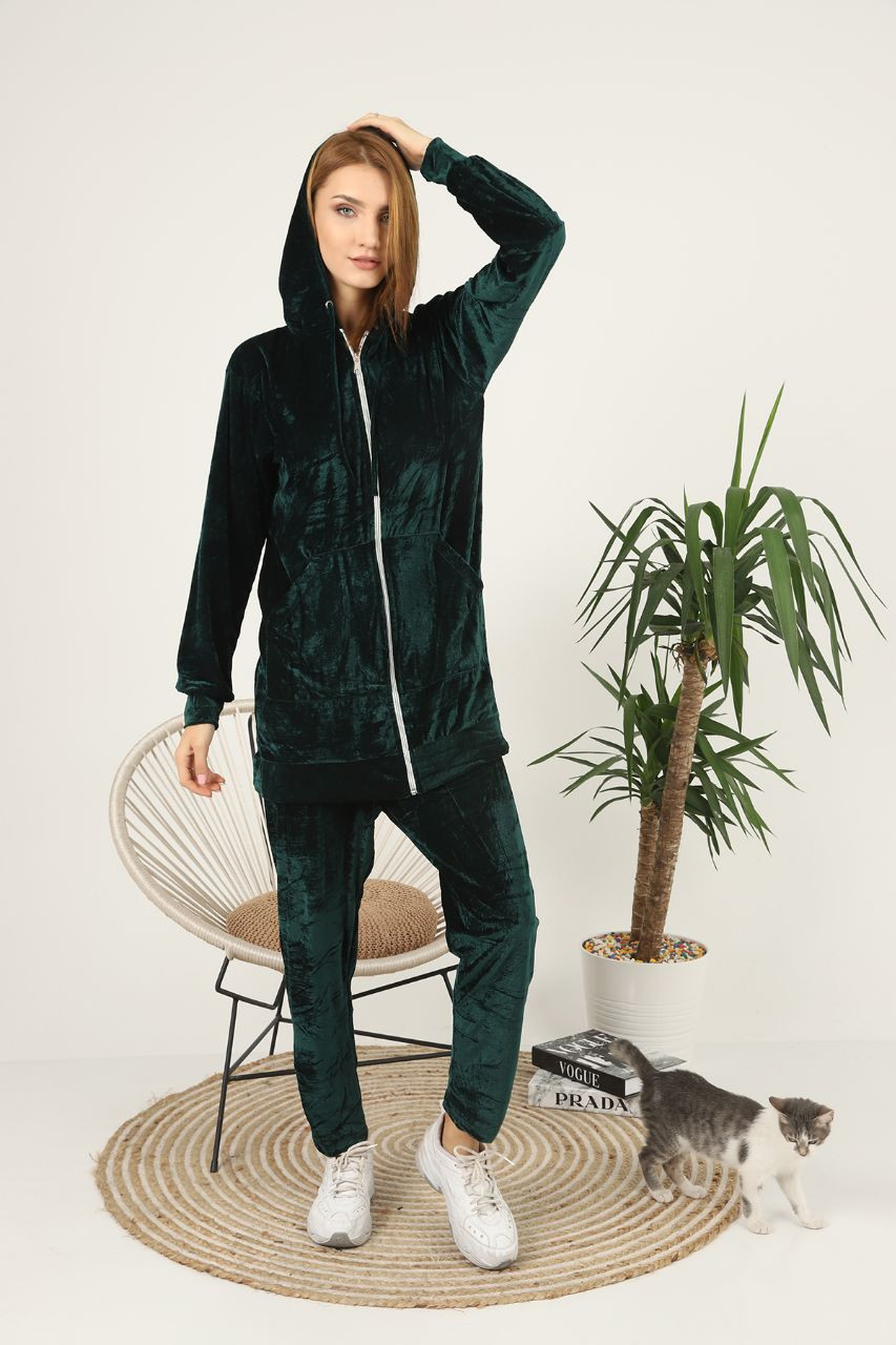 Fifth Avenue Womens Long Zip Velvet Hoodie and Pants Co-Ord Set FAVELC19 - Green