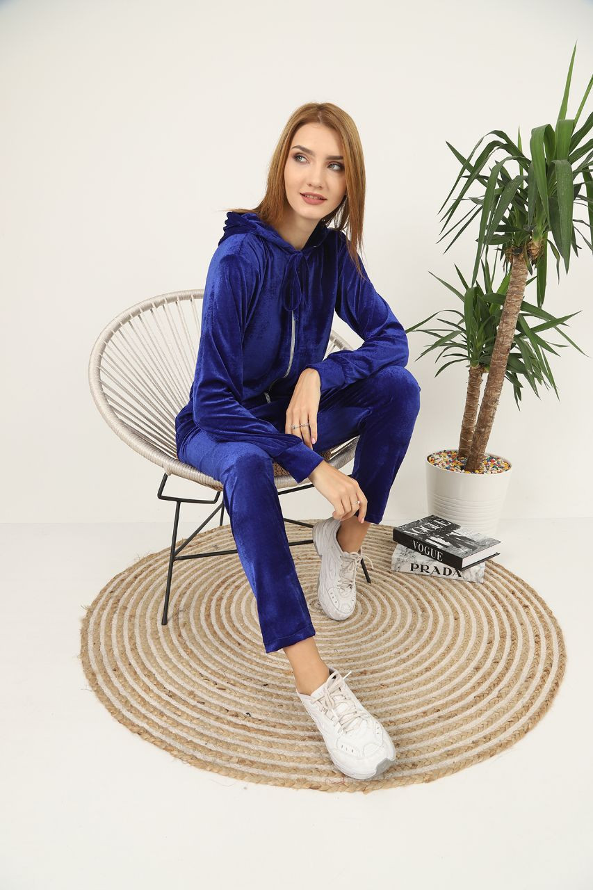 Fifth Avenue Womens Long Zip Velvet Hoodie and Pants Co-Ord Set FAVELC19 - Blue