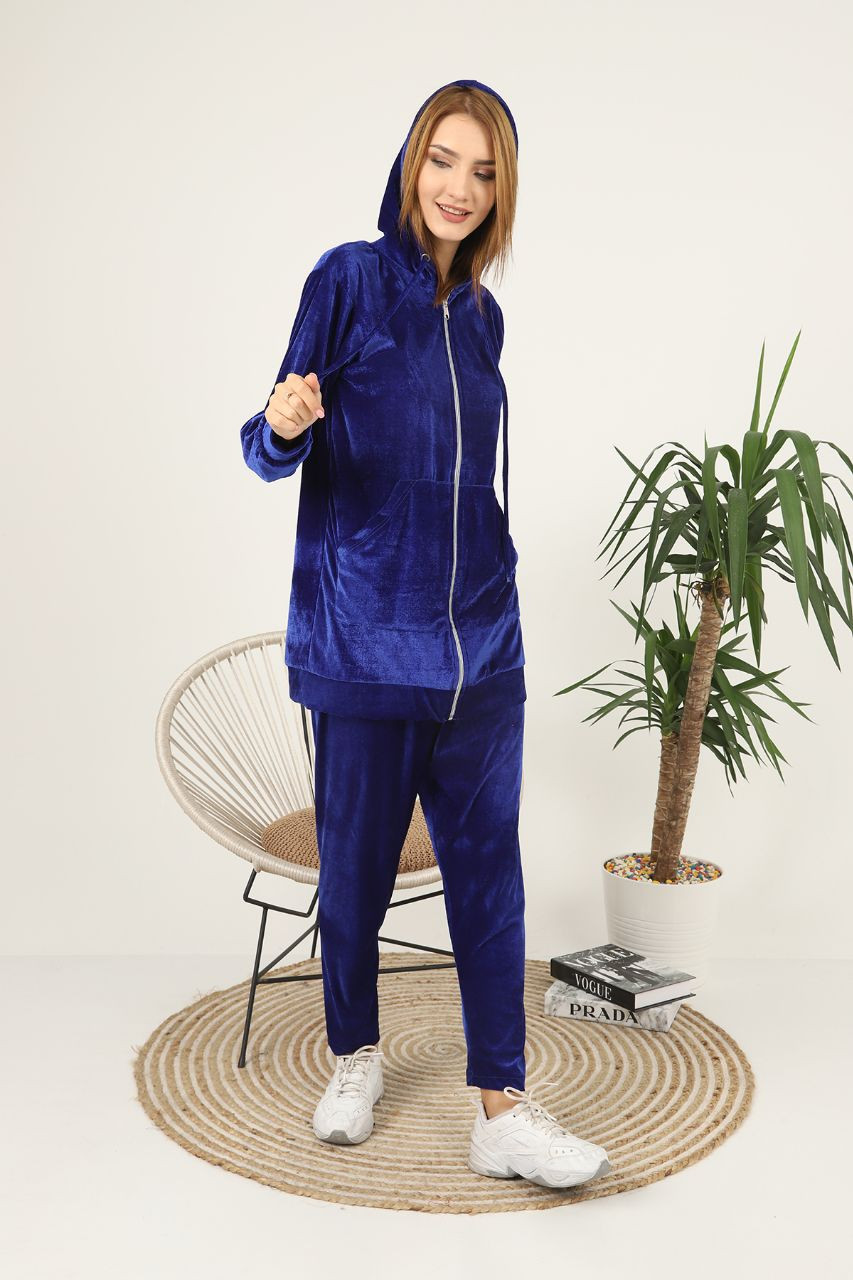 Fifth Avenue Womens Long Zip Velvet Hoodie and Pants Co-Ord Set FAVELC19 - Blue