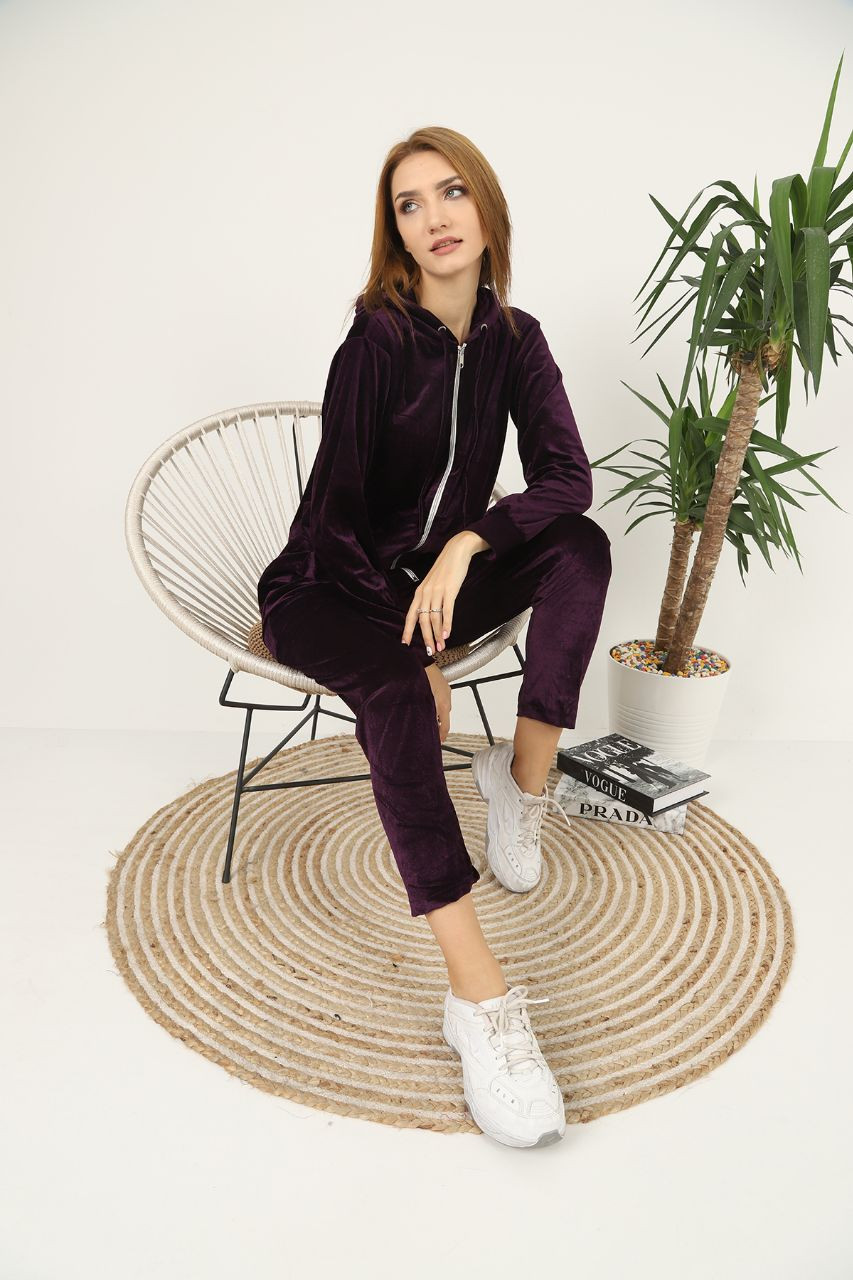 Fifth Avenue Womens Long Zip Velvet Hoodie and Pants Co-Ord Set FAVELC19 - Purple