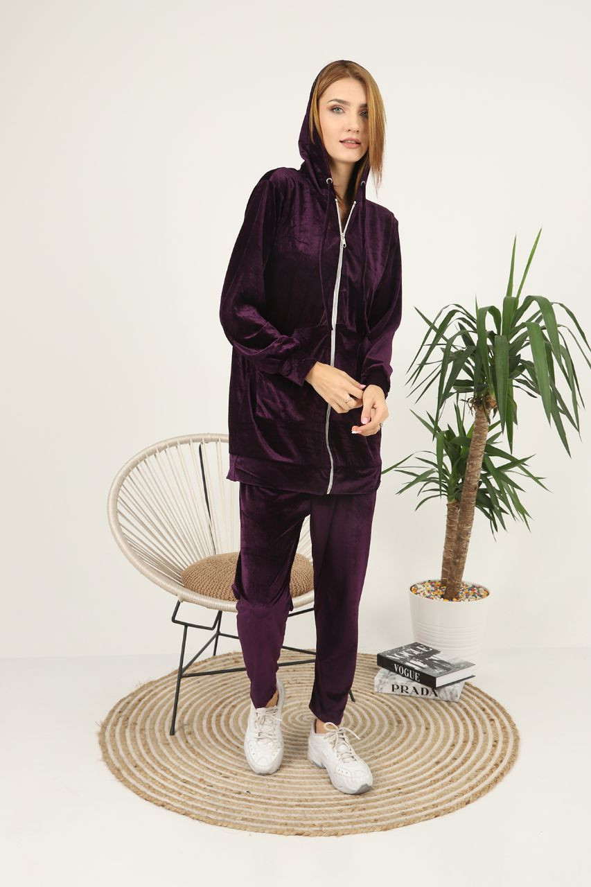 Fifth Avenue Womens Long Zip Velvet Hoodie and Pants Co-Ord Set FAVELC19 - Purple