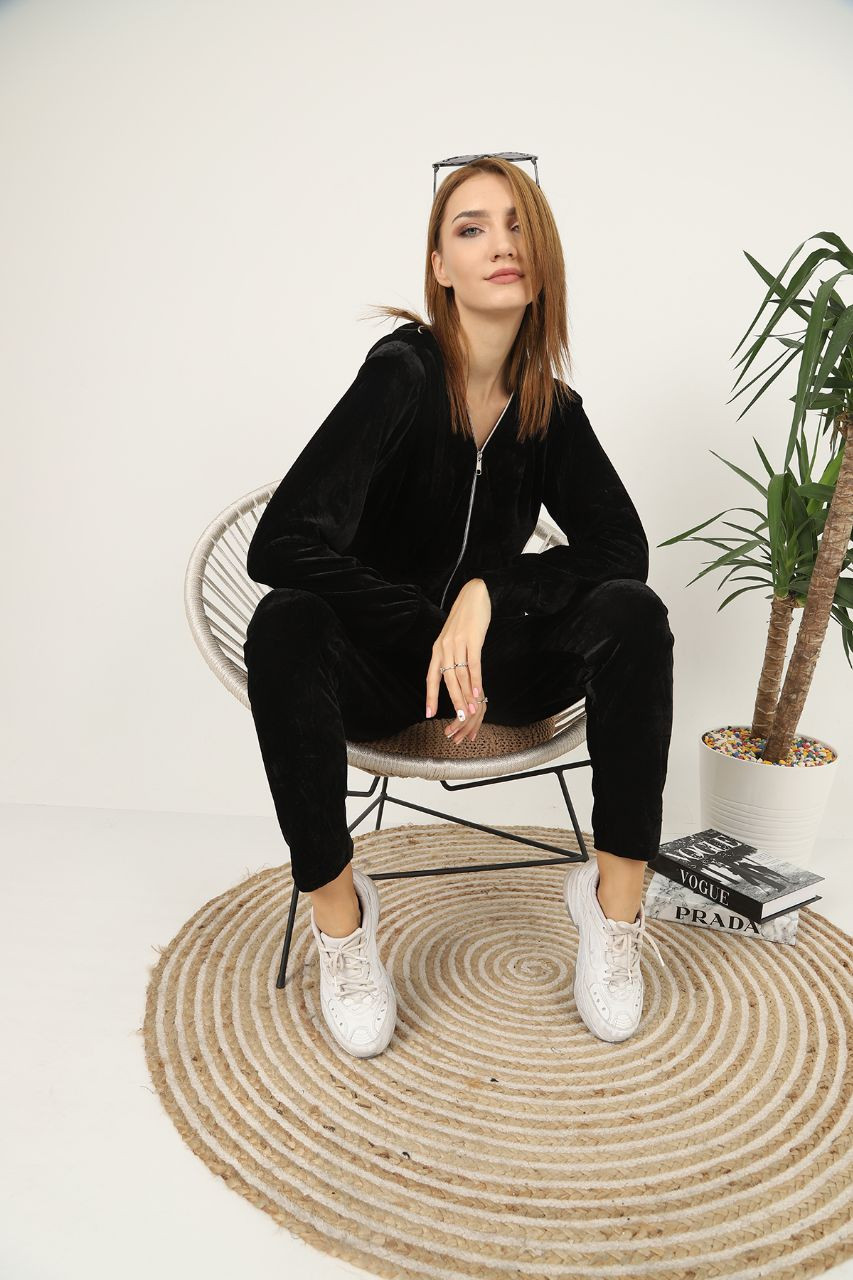 Fifth Avenue Womens Long Zip Velvet Hoodie and Pants Co-Ord Set FAVELC19 - Black