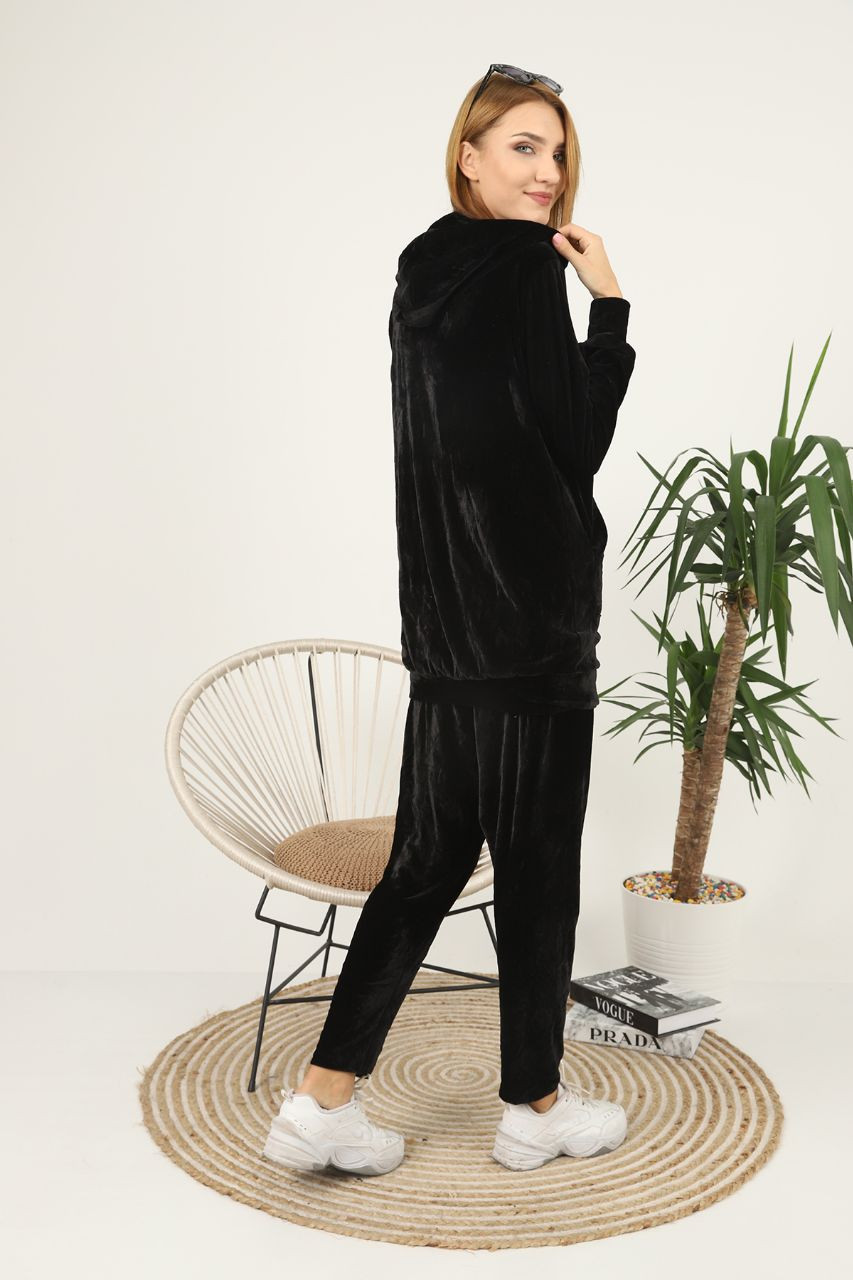 Fifth Avenue Womens Long Zip Velvet Hoodie and Pants Co-Ord Set FAVELC19 - Black