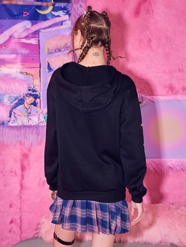 Fifth Avenue DIFT278 Cartoon Print Hoodie - Black