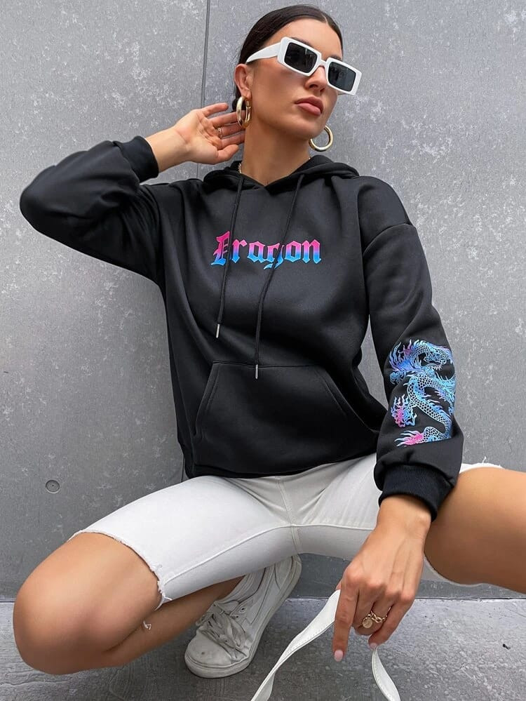 Fifth Avenue DIFT285 Dragon Print Hoodie - Black