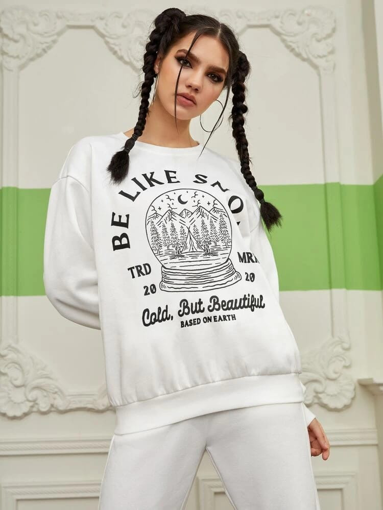Fifth Avenue DIFT324 Be Like Snow Printed Sweatshirt - White