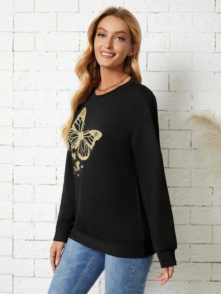 Fifth Avenue DIFT337 Butterfly Glitter Printed Sweatshirt - Black