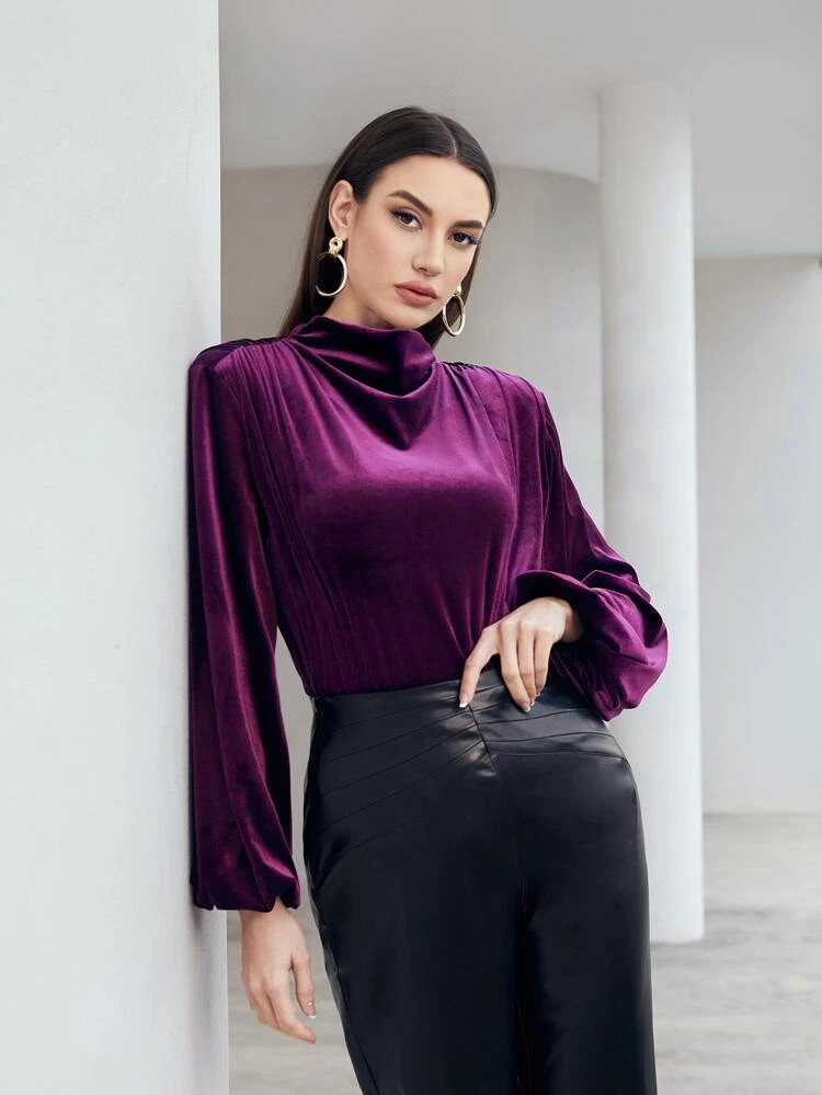 Fifth Avenue Womens Mock Neck Detail Velvet Stitched Western Top - FAWWT30