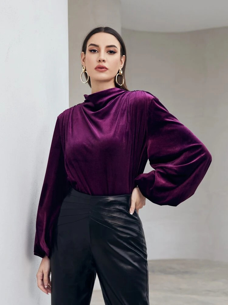 Fifth Avenue Womens Mock Neck Detail Velvet Stitched Western Top - FAWWT30