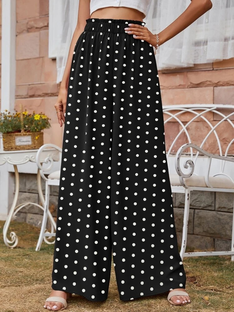 Fifth Avenue Women's Tie Waist Wide Leg Polka Dot Pants FAWLP8