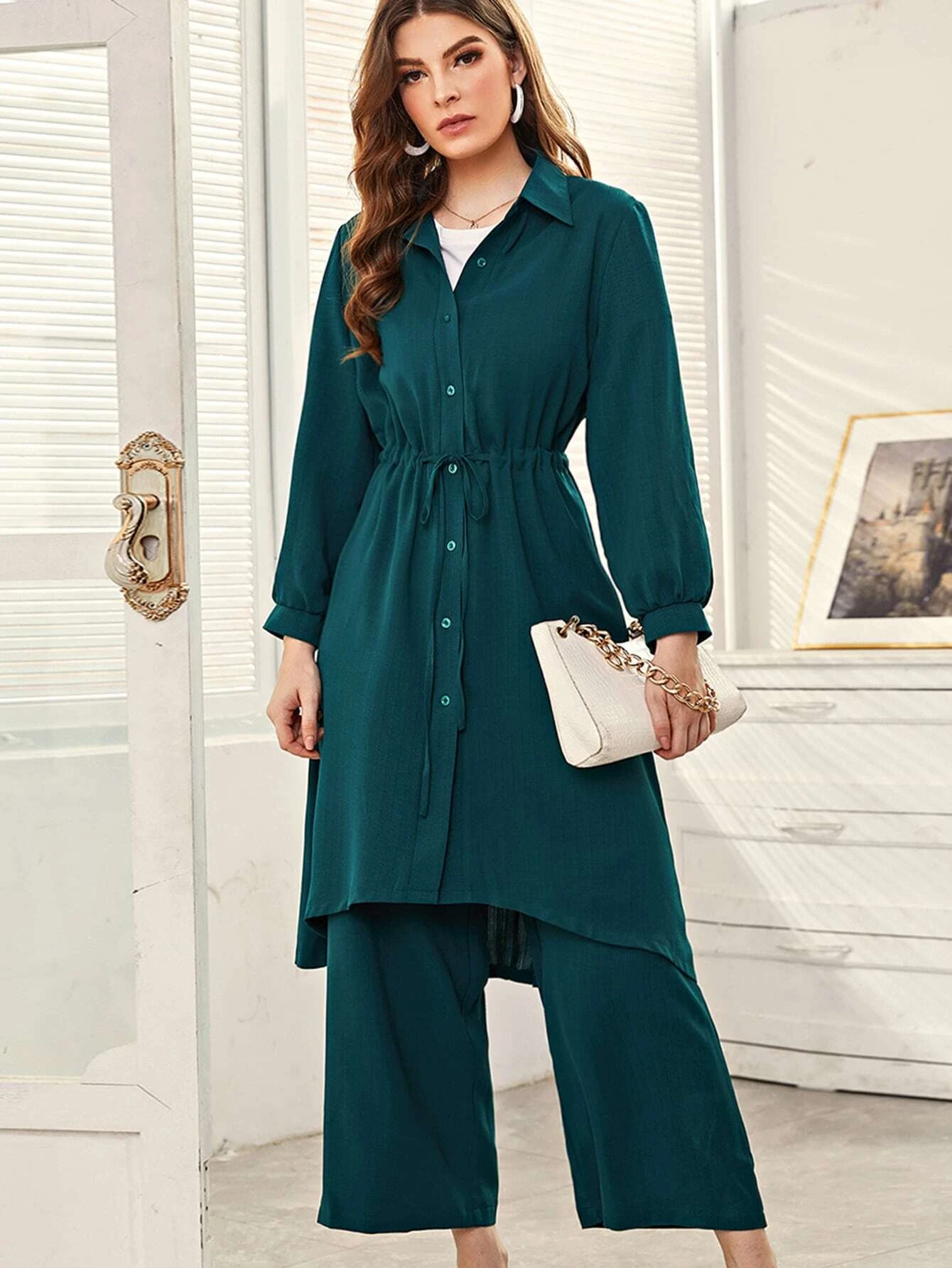 Fifth Avenue Women's Georgette Button Coat and Pants Set - FAWGTPS13