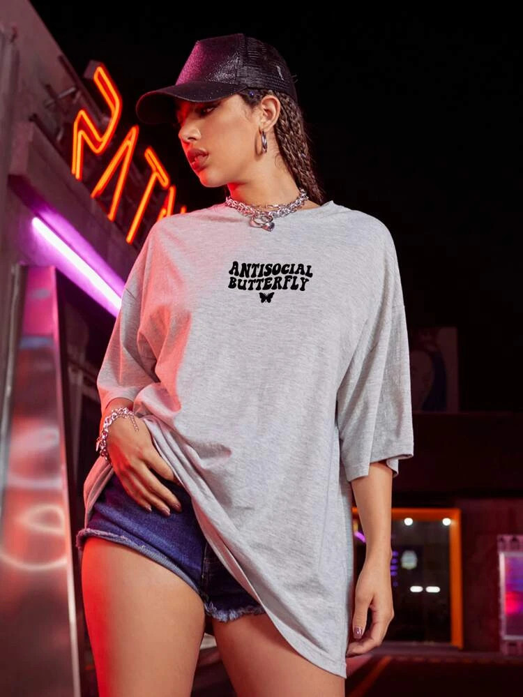 Fifth Avenue DIFT459 Oversized Anti Social Butterfly Printed T-Shirt - Grey