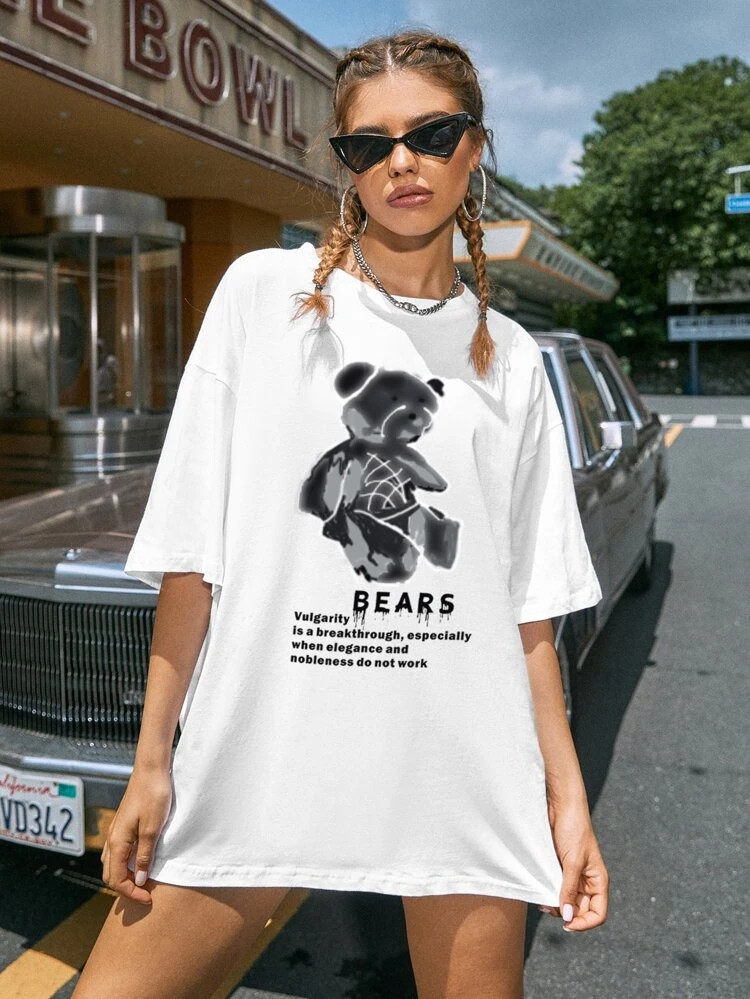 Fifth Avenue DIFT460 Oversized Bear Printed T-Shirt - White