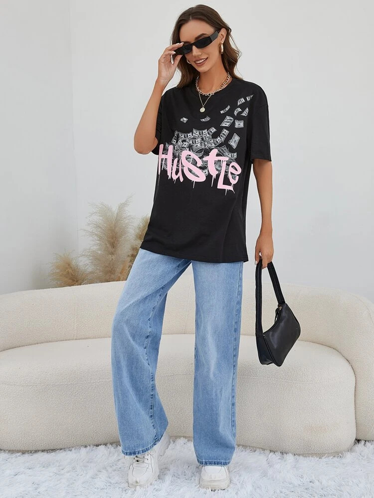 Fifth Avenue DIFT466 Oversized Hustle Cash Printed T-Shirt - Black