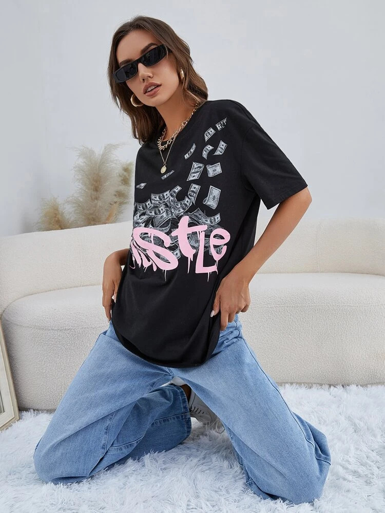 Fifth Avenue DIFT466 Oversized Hustle Cash Printed T-Shirt - Black