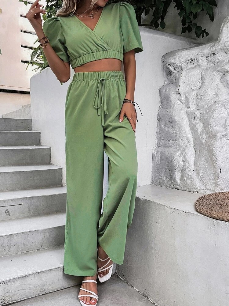 Fifth Avenue Women's Georgette Front Overlap Top and Pants Set - FAWGTPS22