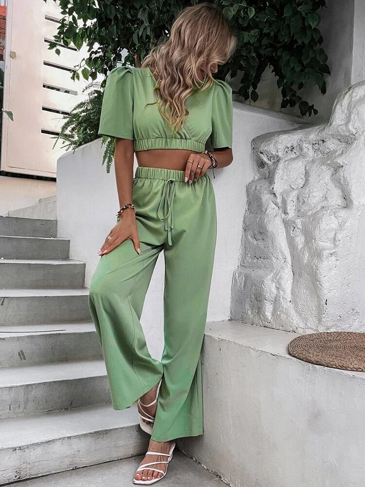 Fifth Avenue Women's Georgette Front Overlap Top and Pants Set - FAWGTPS22