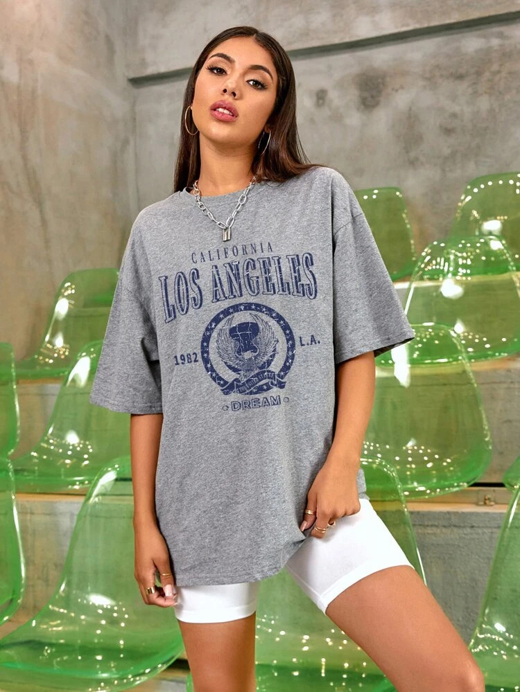 Fifth Avenue DIFT475 Oversized Los Angeles Printed T-Shirt - Grey