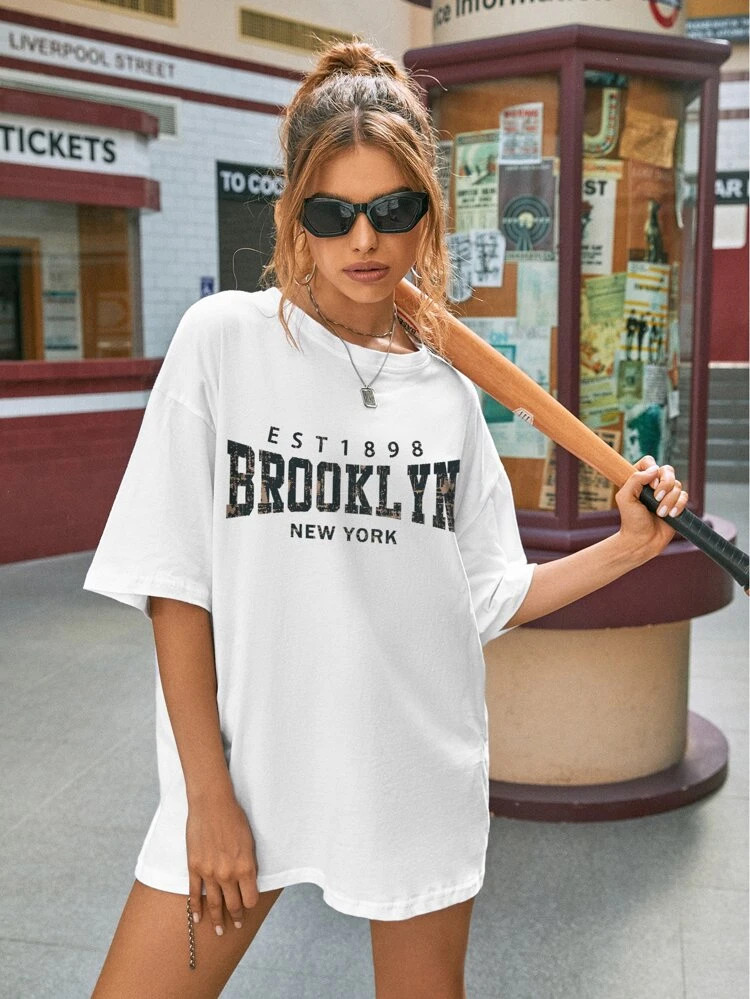 Fifth Avenue DIFT476 Oversized Brooklyn Printed T-Shirt - White
