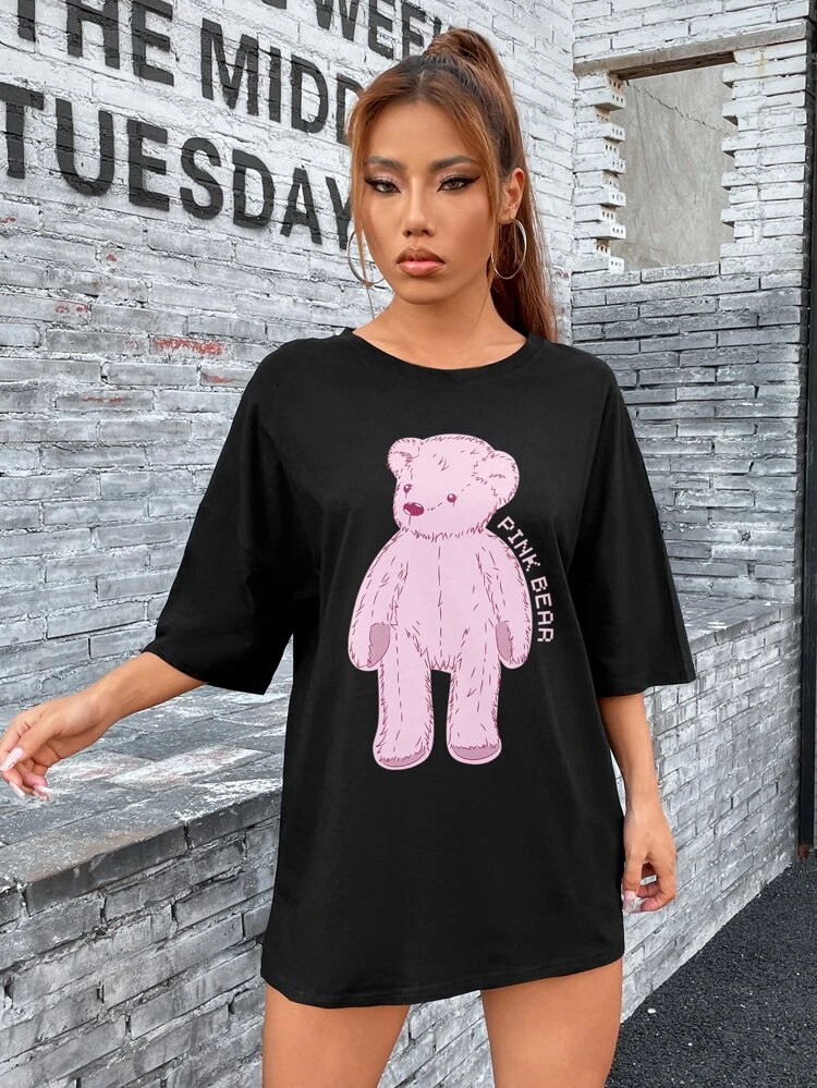 Fifth Avenue DIFT482 Oversized Pink Bear Printed T-Shirt - Black