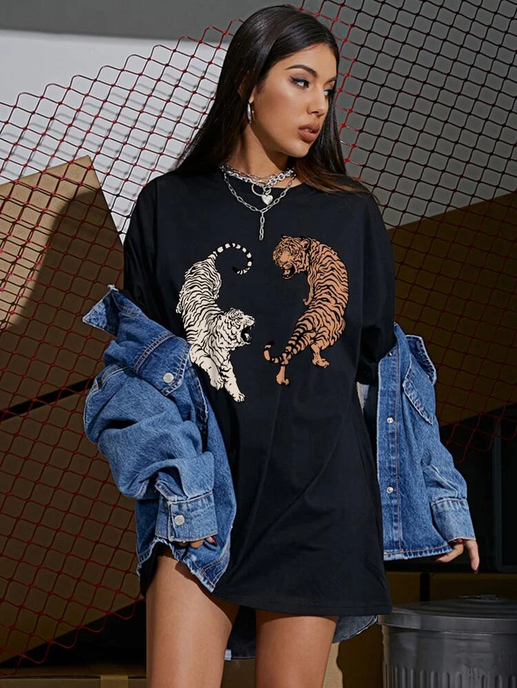 Fifth Avenue DIFT483 Oversized Tiger Printed T-Shirt - Black