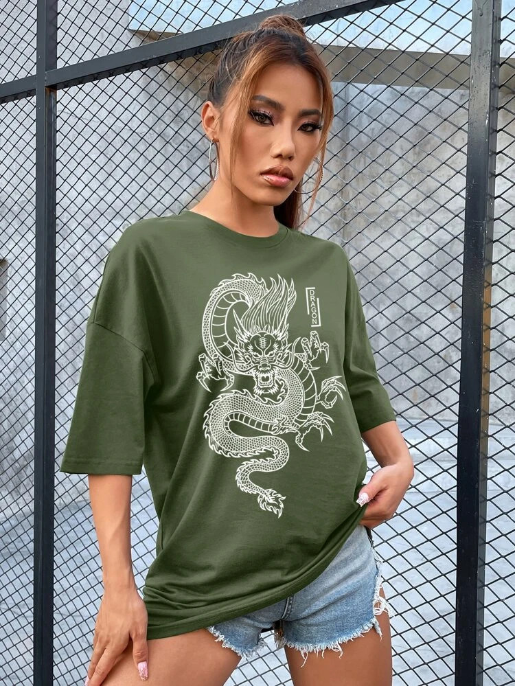 Fifth Avenue DIFT488 Oversized Dragon Printed T-Shirt - Army Green