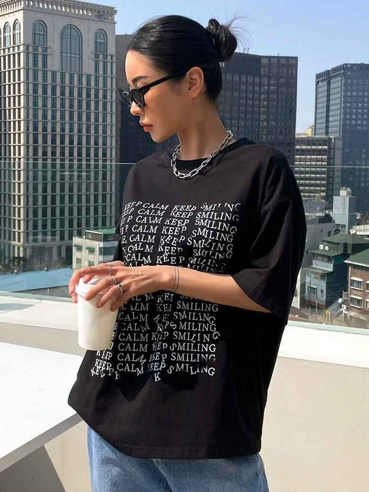 Fifth Avenue DIFT490 Oversized Keep Calm Smiling Printed T-Shirt - Black