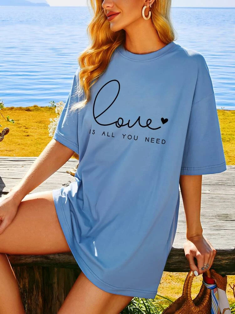 Fifth Avenue DIFT503 Oversized Love Printed T-Shirt - Blue