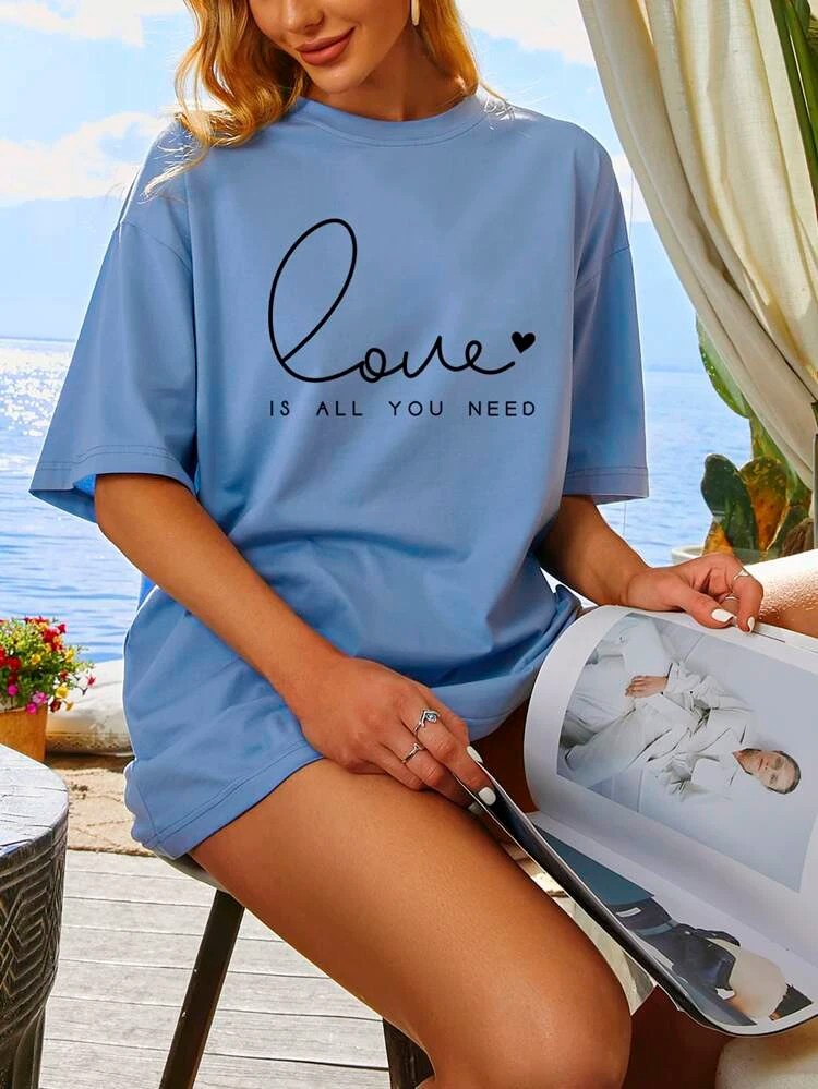 Fifth Avenue DIFT503 Oversized Love Printed T-Shirt - Blue