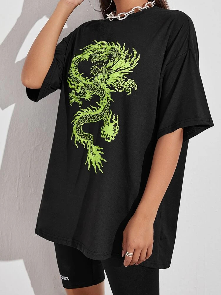 Fifth Avenue DIFT506 Oversized Dragon Printed T-Shirt - Black