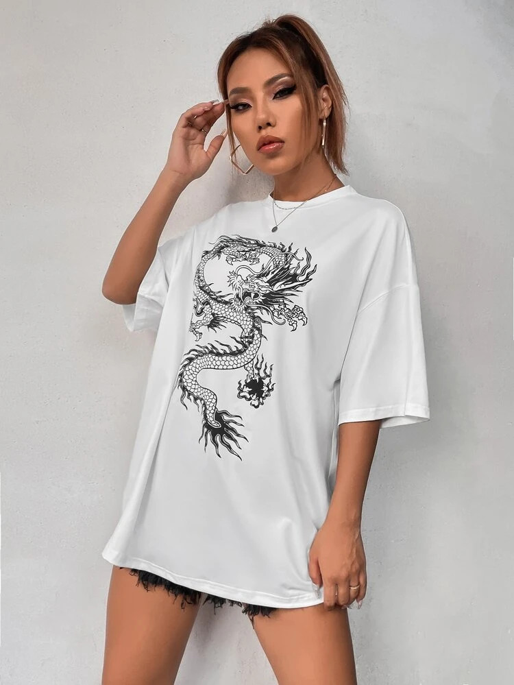 Fifth Avenue DIFT506 Oversized Dragon Printed T-Shirt - White